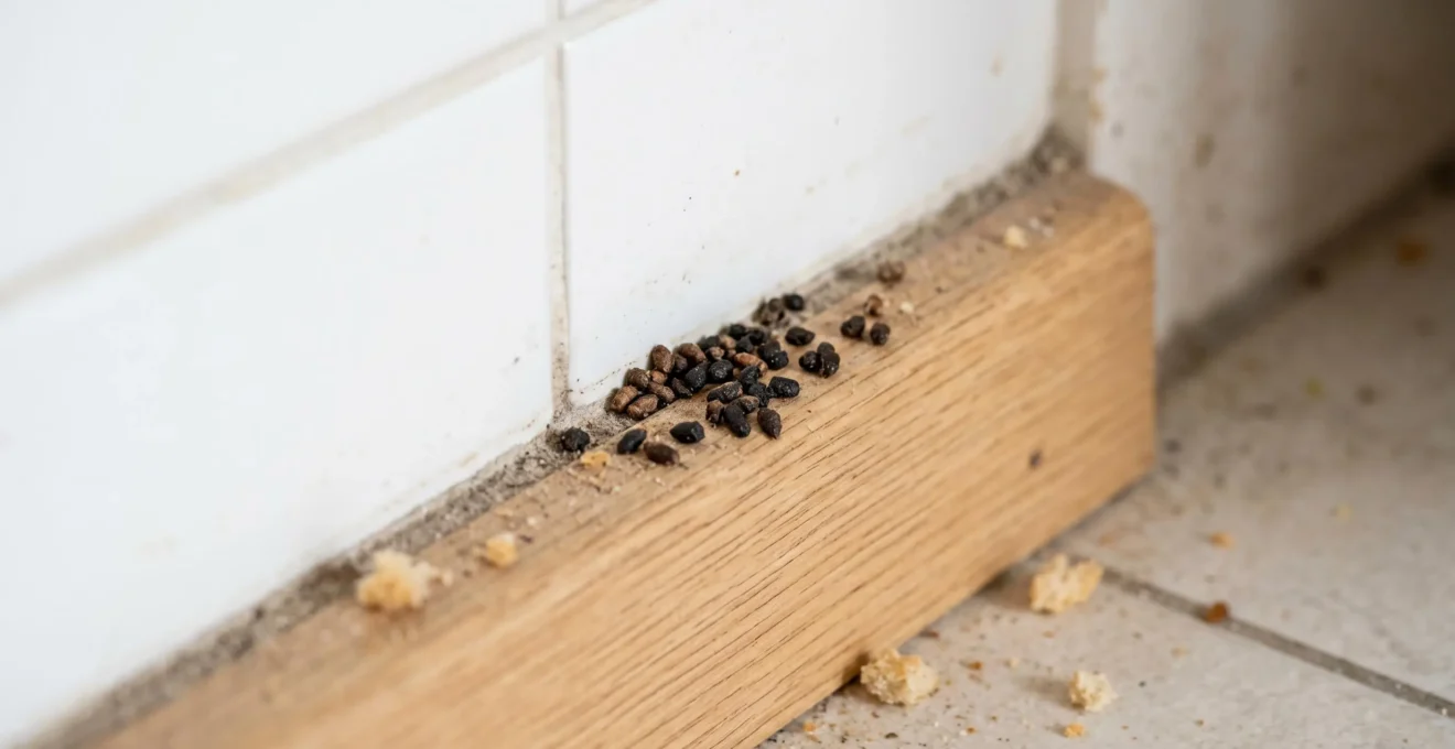 Macro photographie de traces de déjections de cafards (petits points bruns agglomérés) à la jonction d'une plinthe et d'un mur carrelé de cuisine