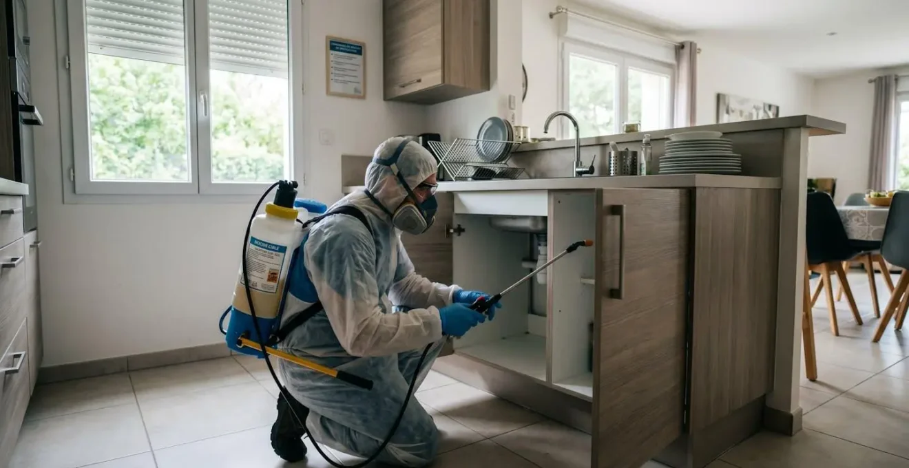 Technicien certifié en équipement de protection intégral appliquant un traitement biocide professionnel dans une cuisine résidentielle avec pulvérisateur dorsal et bidons homologués