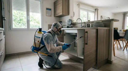 Technicien certifié en équipement de protection intégral appliquant un traitement biocide professionnel dans une cuisine résidentielle avec pulvérisateur dorsal et bidons homologués