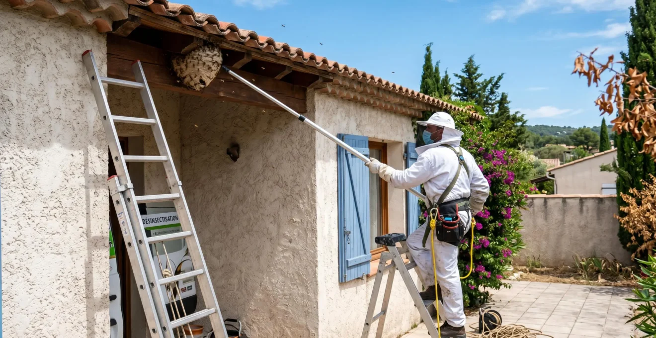 Technicien en combinaison de protection intégrale utilisant une perche télescopique pour détruire un nid de frelons sous l'avant-toit d'un pavillon